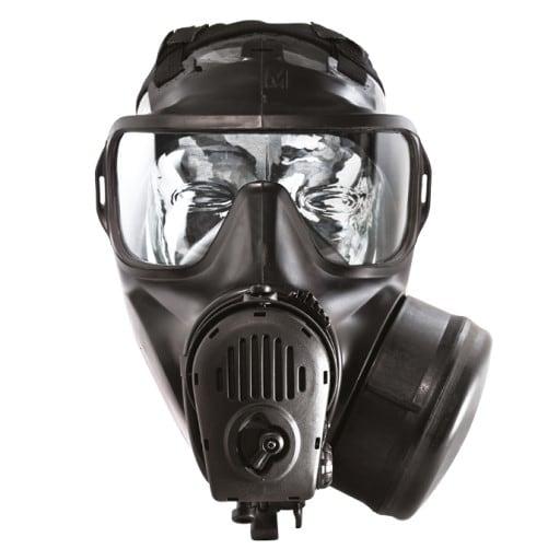 Avon FM53 mask with side-mounted filter on a white background