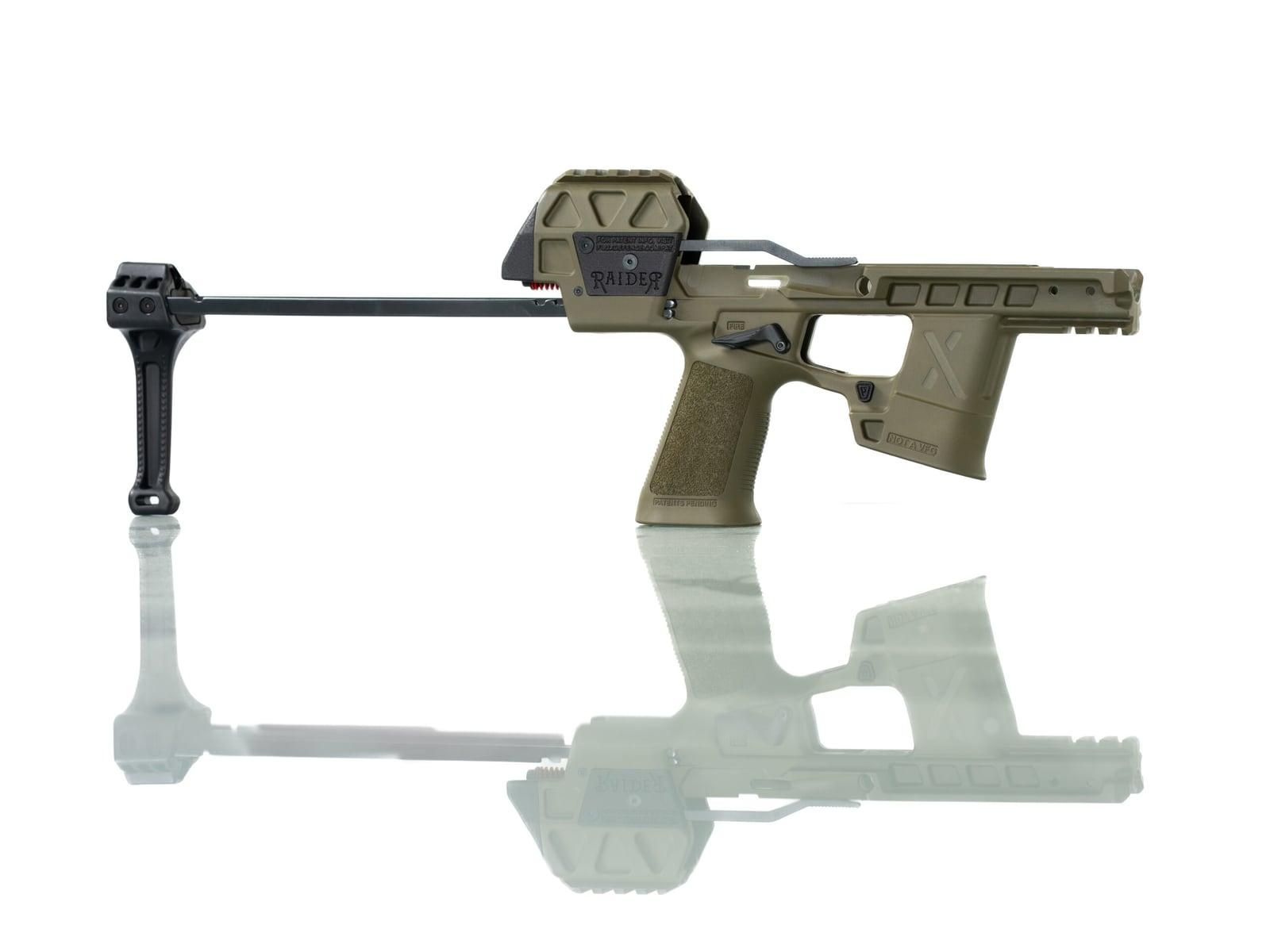 Empty Ranger Green Raider X chassis with brace extended, side view