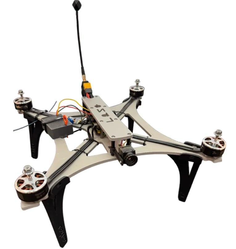 Grif-T 10-inch FPV quadcopter with antenna, on a black background