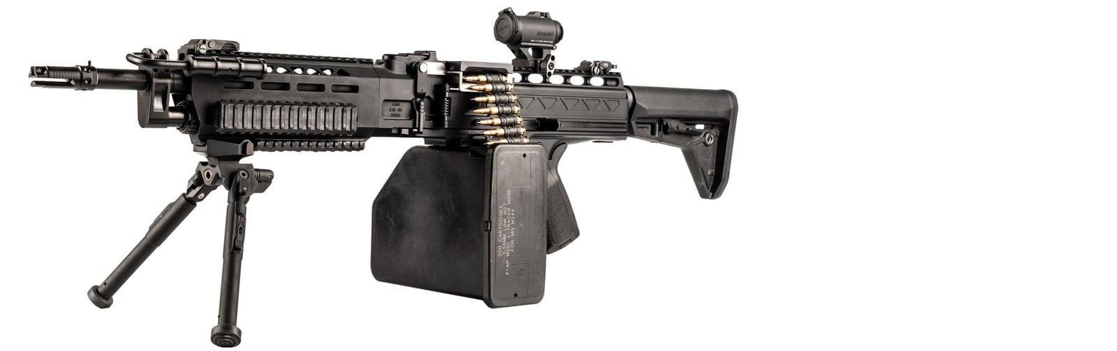 LAMG with optic, bipod and ammunition box on a white background