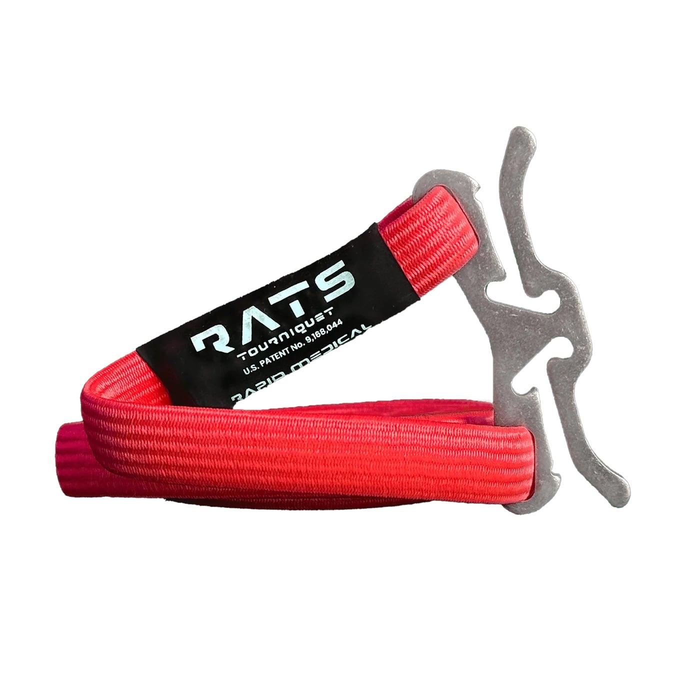 Red RATS tourniquet coiled with its metal locking cleat and black branded tab