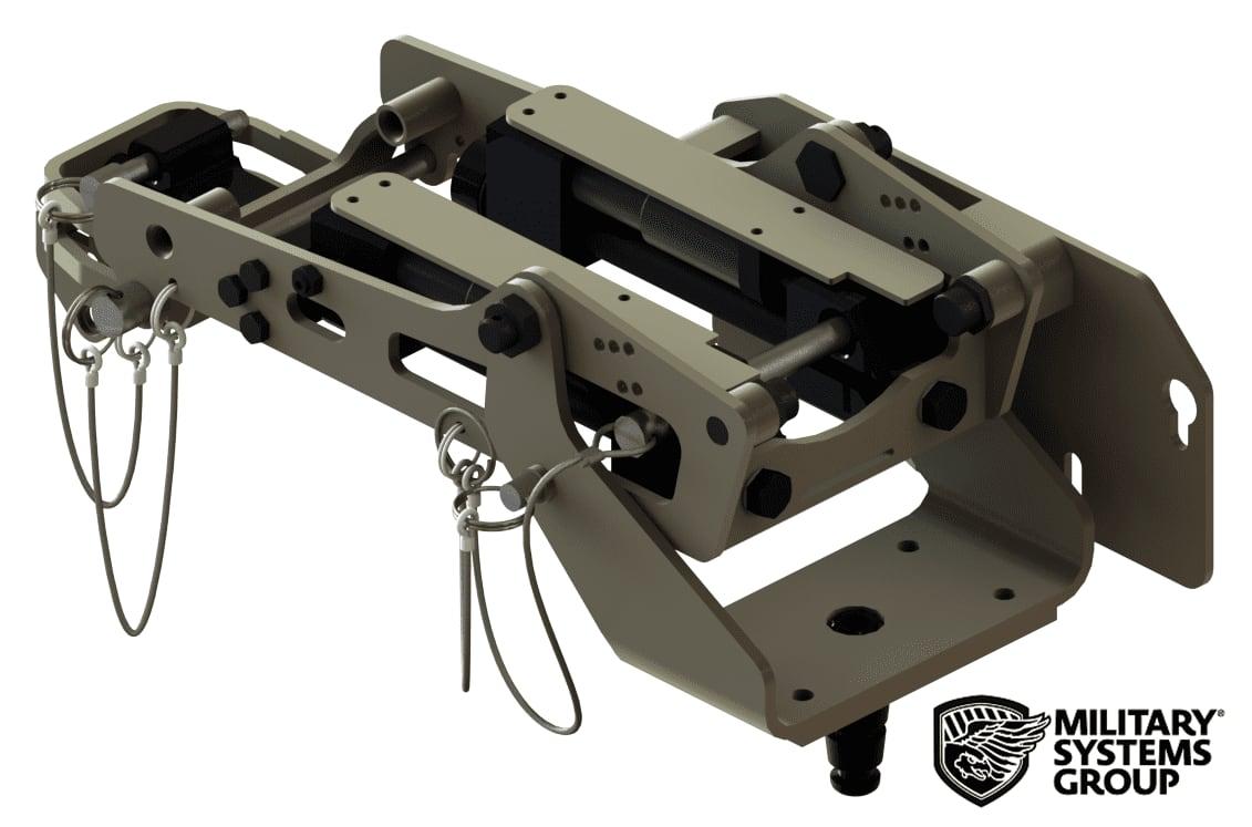 Rendering of a tan Military Systems Group MK93 machine gun mount with cradle and quick release pins