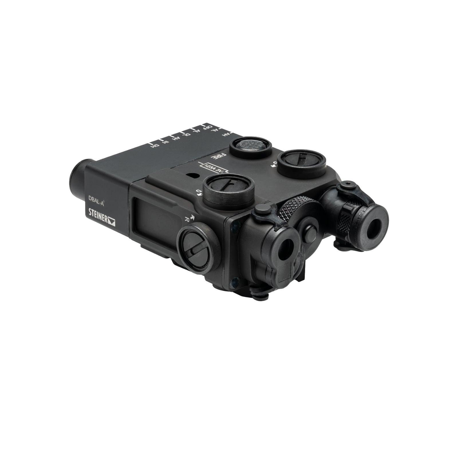 Black Steiner DBAL-A3 laser aiming module with adjuster caps and illuminator lens, three-quarter view